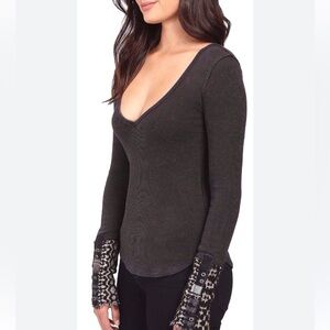 Free People Art School Button Cuff Thermal Long Sleeve Plunge V-Neck